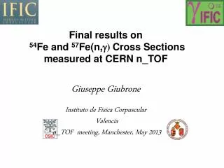 Final results on 54 Fe and 57 Fe(n, g ) Cross Sections measured at CERN n_TOF Giuseppe Giubrone