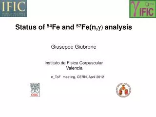 Status of 54 Fe and 57 Fe(n, g ) analysis Giuseppe Giubrone Instituto de Fisica Corpuscular