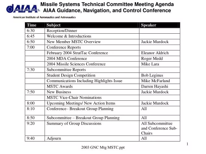 missile systems technical committee meeting agenda aiaa guidance navigation and control conference