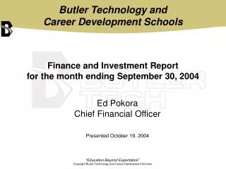 Finance and Investment Report for the month ending September 30, 2004