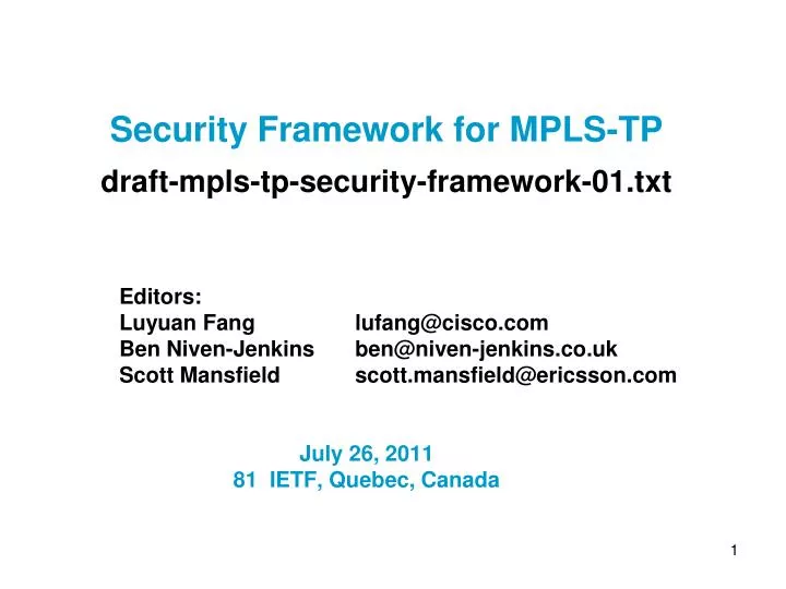 security framework for mpls tp draft mpls tp security framework 01 txt