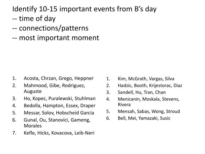 identify 10 15 important events from b s day time of day connections patterns most important moment