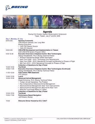 Agenda Boeing Civil Aviation System Modernization Symposium Taipei, Taiwan, July 27 and 28, 2009
