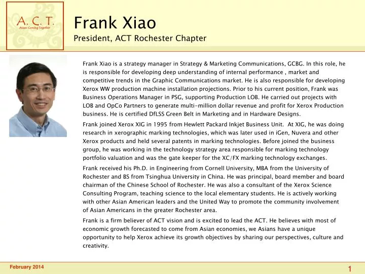 frank xiao president act rochester chapter