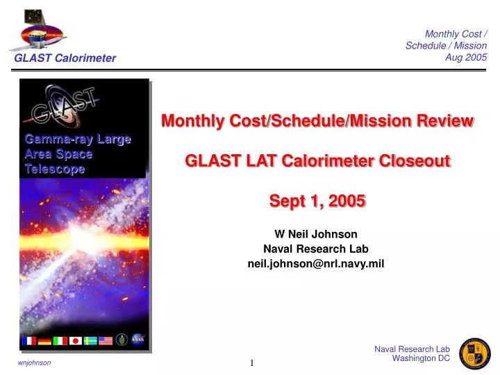 monthly cost schedule mission review glast lat calorimeter closeout sept 1 2005