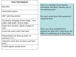 Here is a complete list of camera techniques that Betty Thomas uses in the opening scene.