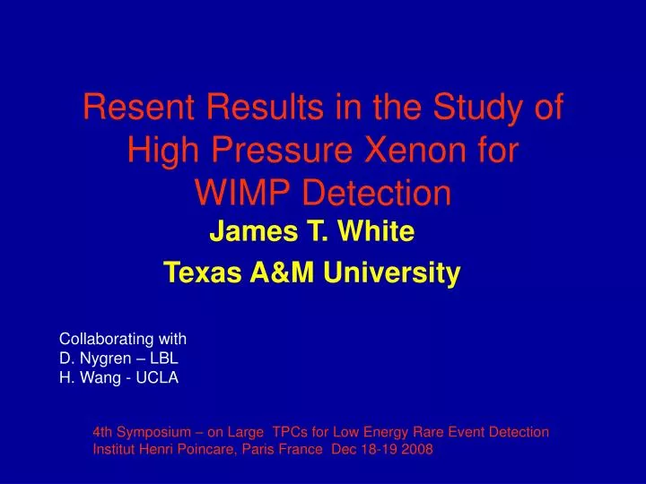 resent results in the study of high pressure xenon for wimp detection