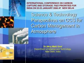Science &amp; Technology Perspectives on CCS for Carbon Management in Atmosphere