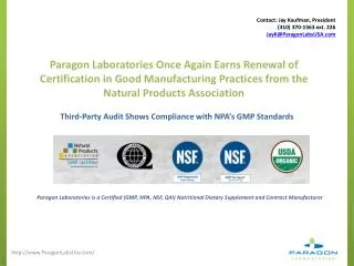 Paragon Laboratories Once Again Earns Renewal of Certificati