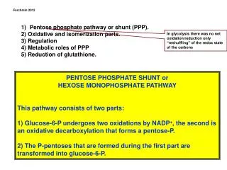 PENTOSE PHOSPHATE SHUNT or HEXOSE MONOPHOSPHATE PATHWAY This pathway consists of two parts: