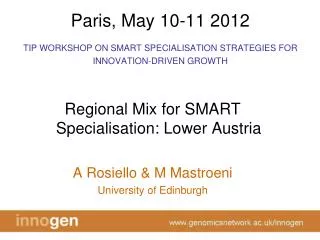 Paris, May 10-11 2012 TIP WORKSHOP ON SMART SPECIALISATION STRATEGIES FOR INNOVATION-DRIVEN GROWTH