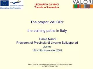 The project VALORI: the training paths in Italy