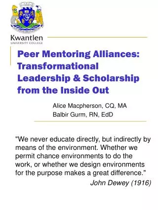 Peer Mentoring Alliances: Transformational Leadership &amp; Scholarship from the Inside Out