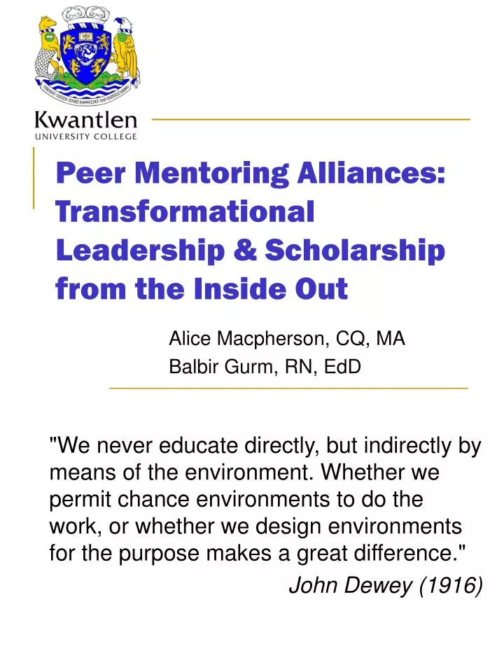 peer mentoring alliances transformational leadership scholarship from the inside out
