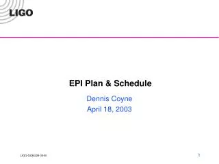 EPI Plan &amp; Schedule