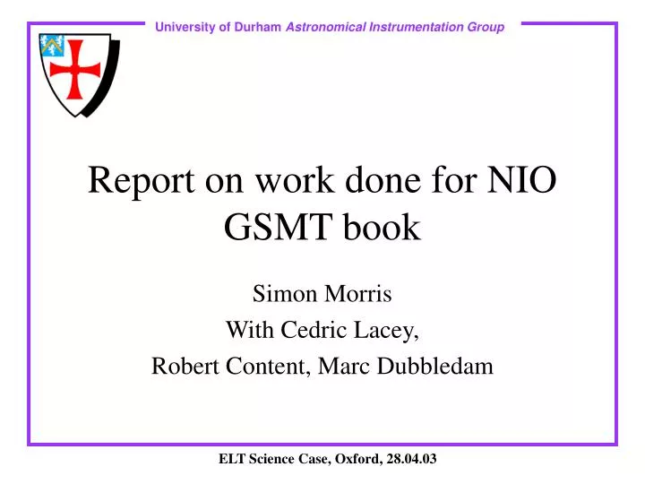 report on work done for nio gsmt book