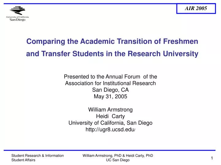 comparing the academic transition of freshmen and transfer students in the research university