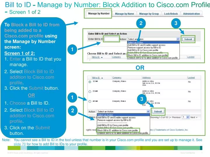 bill to id manage by number block addition to cisco com profile screen 1 of 2