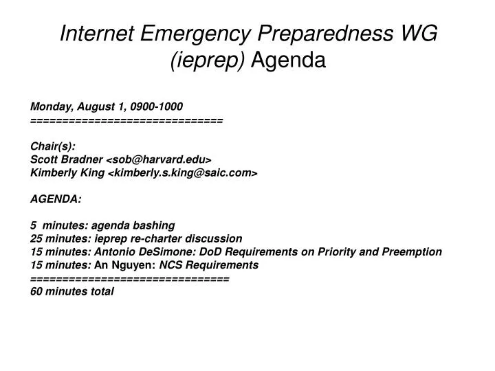 internet emergency preparedness wg ieprep agenda