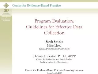 Program Evaluation: Guidelines for Effective Data Collection Sarah Schelle Mike Lloyd