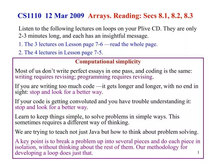 cs1110 12 mar 2009 arrays reading secs 8 1 8 2 8 3