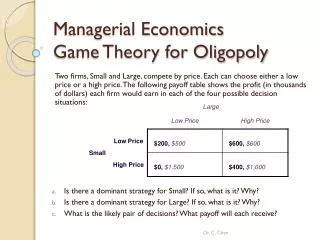 Managerial Economics Game Theory for Oligopoly