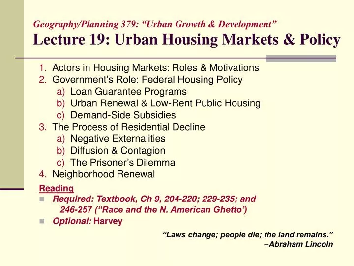 geography planning 379 urban growth development lecture 19 urban housing markets policy