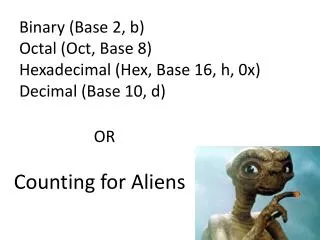 Binary (Base 2, b) Octal (Oct, Base 8) Hexadecimal (Hex, Base 16, h, 0x) Decimal (Base 10, d)