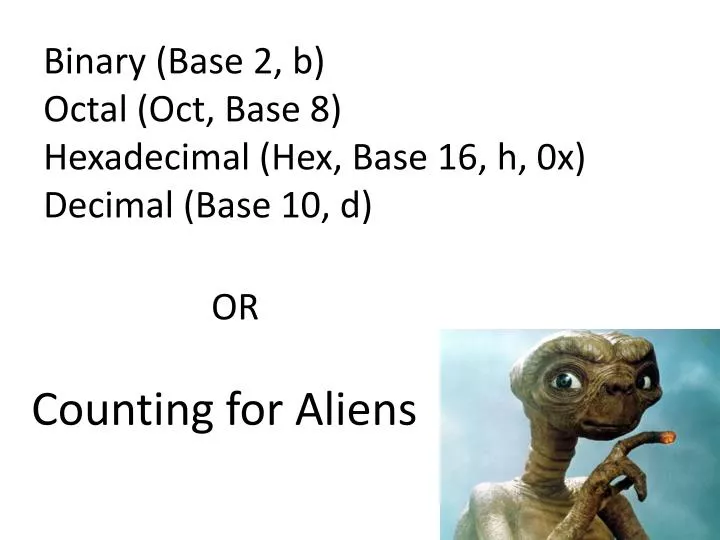 binary base 2 b octal oct base 8 hexadecimal hex base 16 h 0x decimal base 10 d