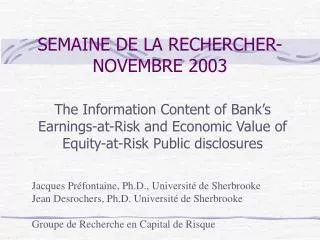 SEMAINE DE LA RECHERCHER-NOVEMBRE 2003