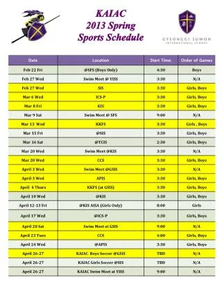 KAIAC 2013 Spring Sports Schedule
