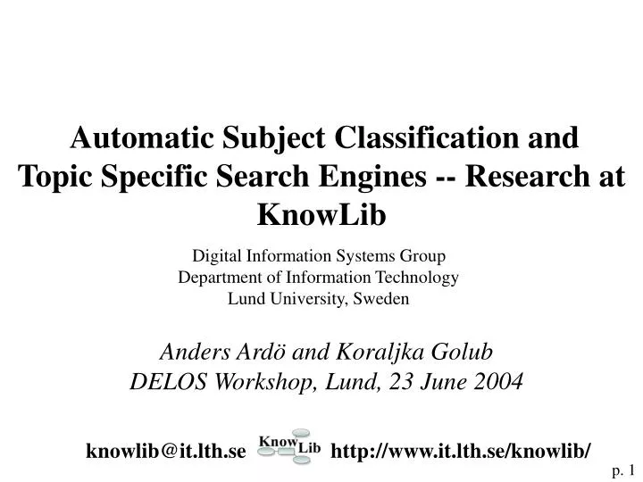 automatic subject classification and topic specific search engines research at knowlib