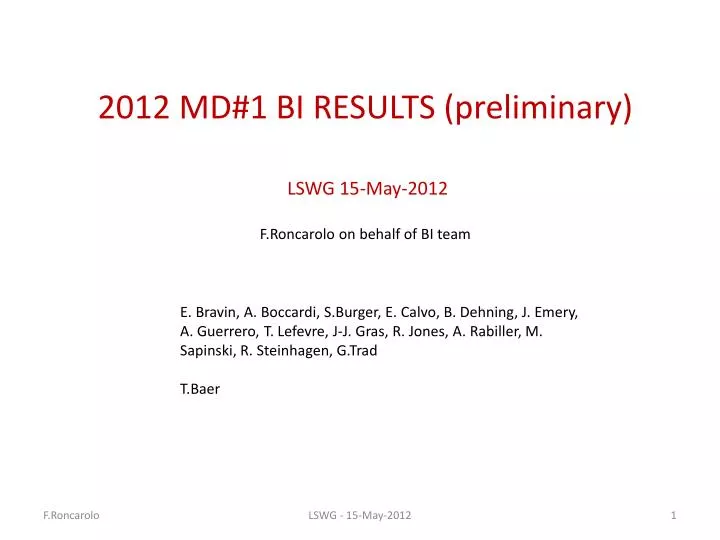 2012 md 1 bi results preliminary lswg 15 may 2012 f roncarolo on behalf of bi team