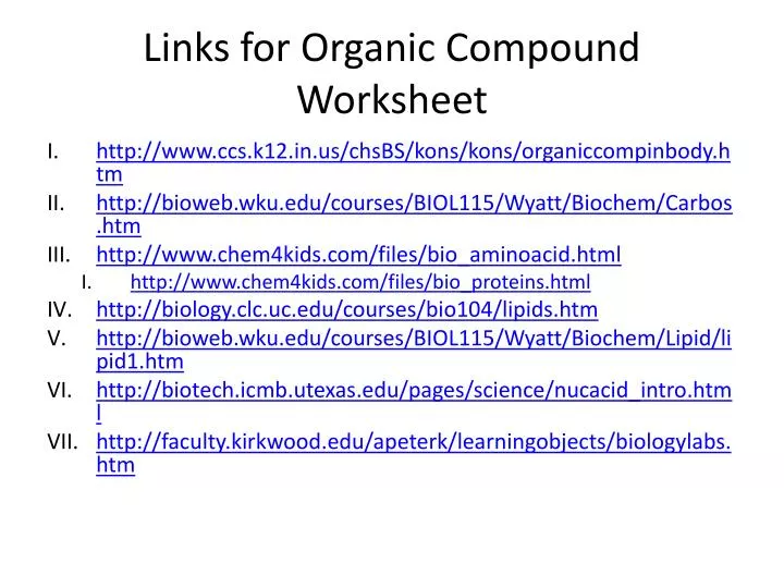 links for organic compound worksheet