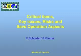 Critical items, Key issues, Risks and Save Operation Aspects