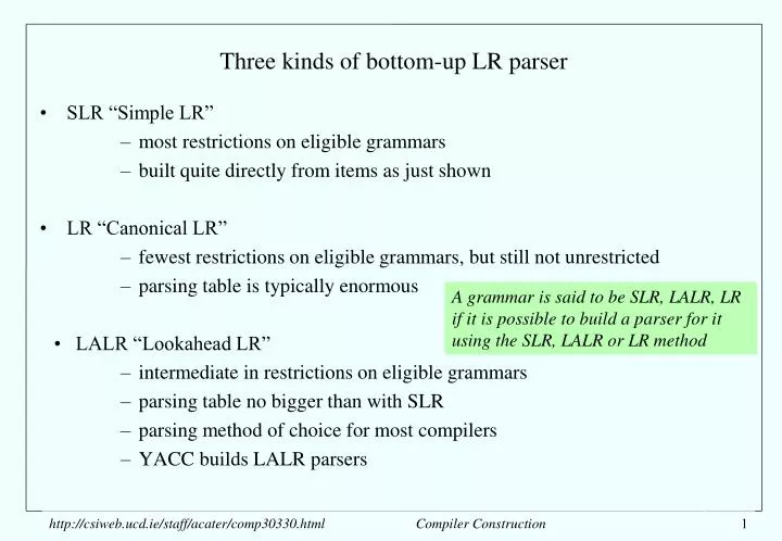 three kinds of bottom up lr parser