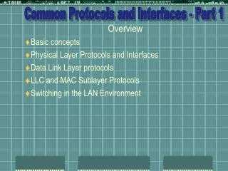 Overview Basic concepts Physical Layer Protocols and Interfaces Data Link Layer protocols