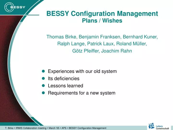 bessy configuration management plans wishes