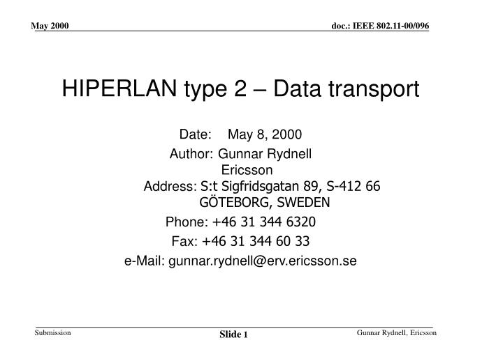 hiperlan type 2 data transport