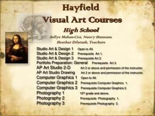 Studio Art &amp; Design 1 Open to All. Studio Art &amp; Design 2 Prerequisite Art 1.