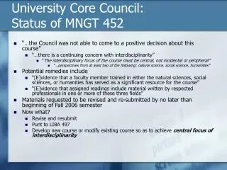 University Core Council: Status of MNGT 452