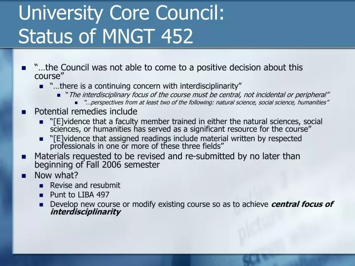 university core council status of mngt 452
