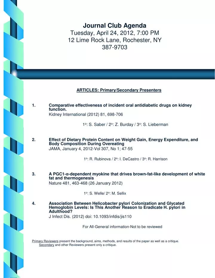 journal club agenda tuesday april 24 2012 7 00 pm 12 lime rock lane rochester ny 387 9703
