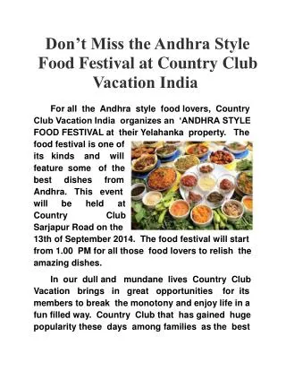 Andhra Style Food Festival at Country Club Vacation