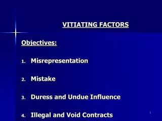 VITIATING FACTORS Objectives: Misrepresentation Mistake Duress and Undue Influence