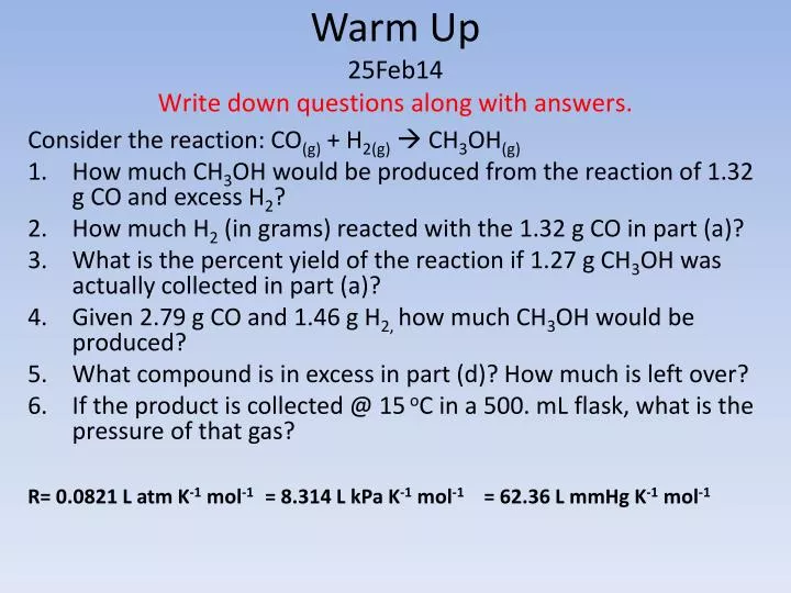 warm up 25feb14 write down questions along with answers