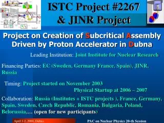 ISTC Project #2267 &amp; JINR Project