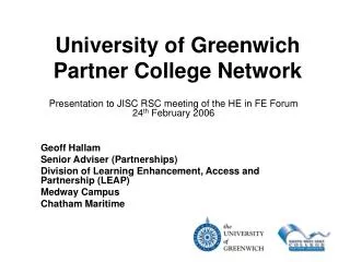 University of Greenwich Partner College Network