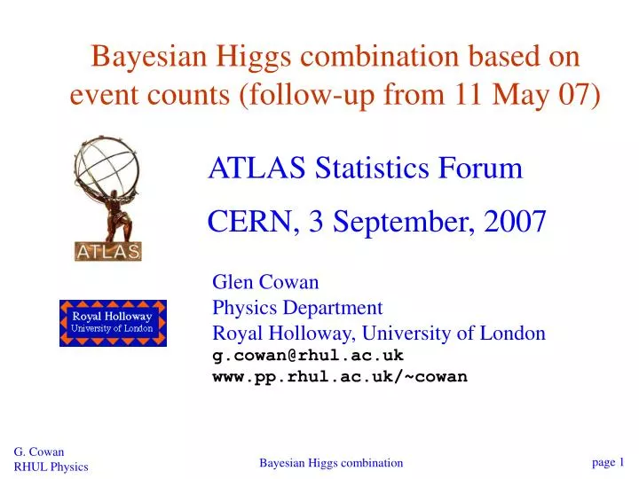 bayesian higgs combination based on event counts follow up from 11 may 07