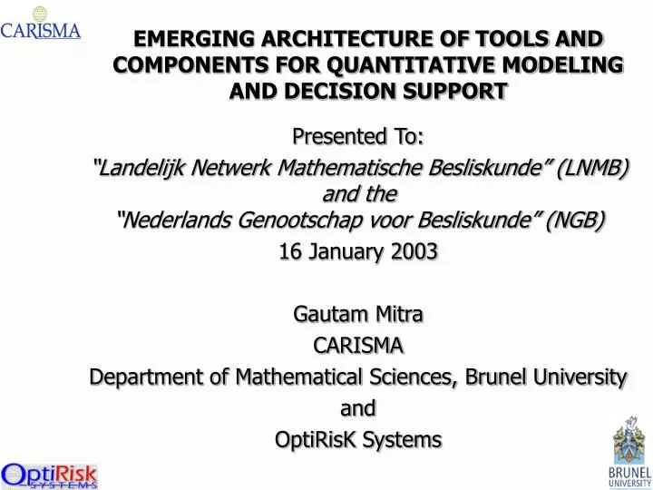emerging architecture of tools and components for quantitative modeling and decision support